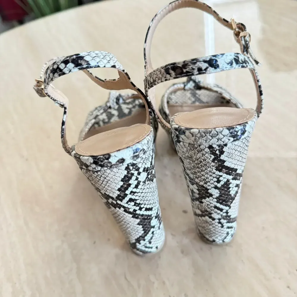 Black and White Faux Snakeskin Strappy Block Platform Heels, US 7.5 EU 38 New
